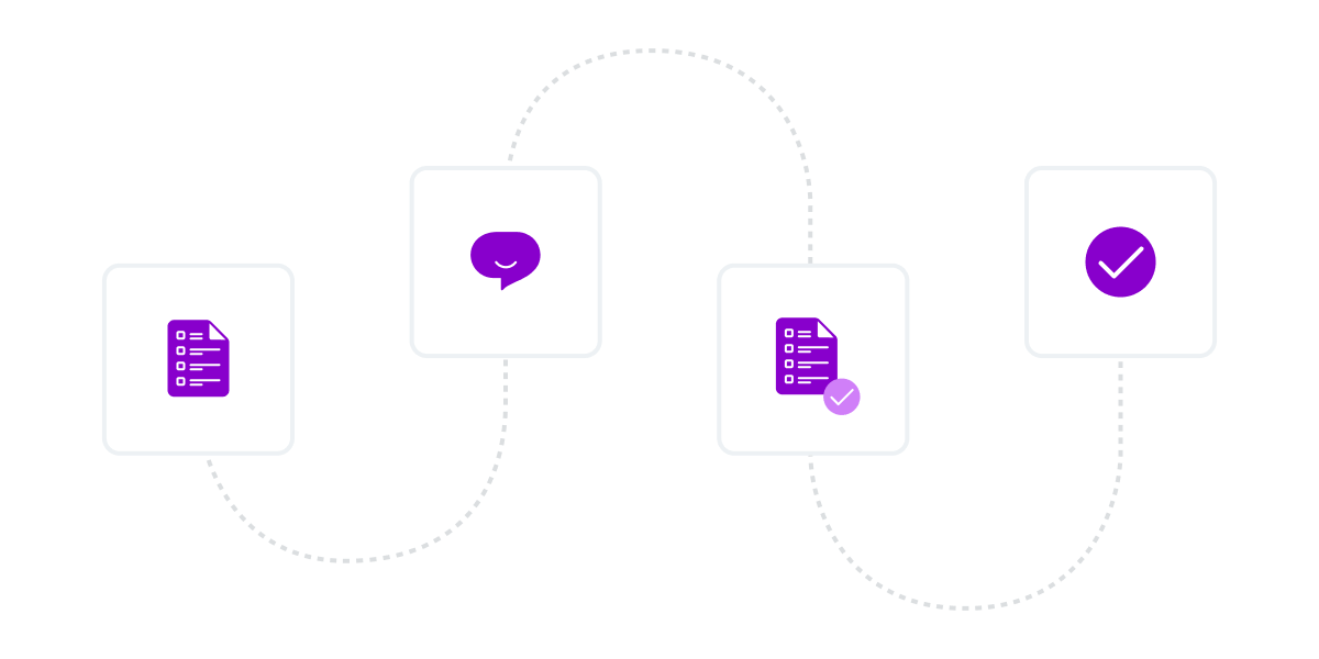 Ilustración con elementos geométricos. De izquierda a derecha, hay un icono de papel morado dentro de un cuadrado, un icono de comentarios morado dentro de un cuadrado, un icono de papel confirmado morado dentro de un cuadrado y un círculo morado dentro del cuadrado.
