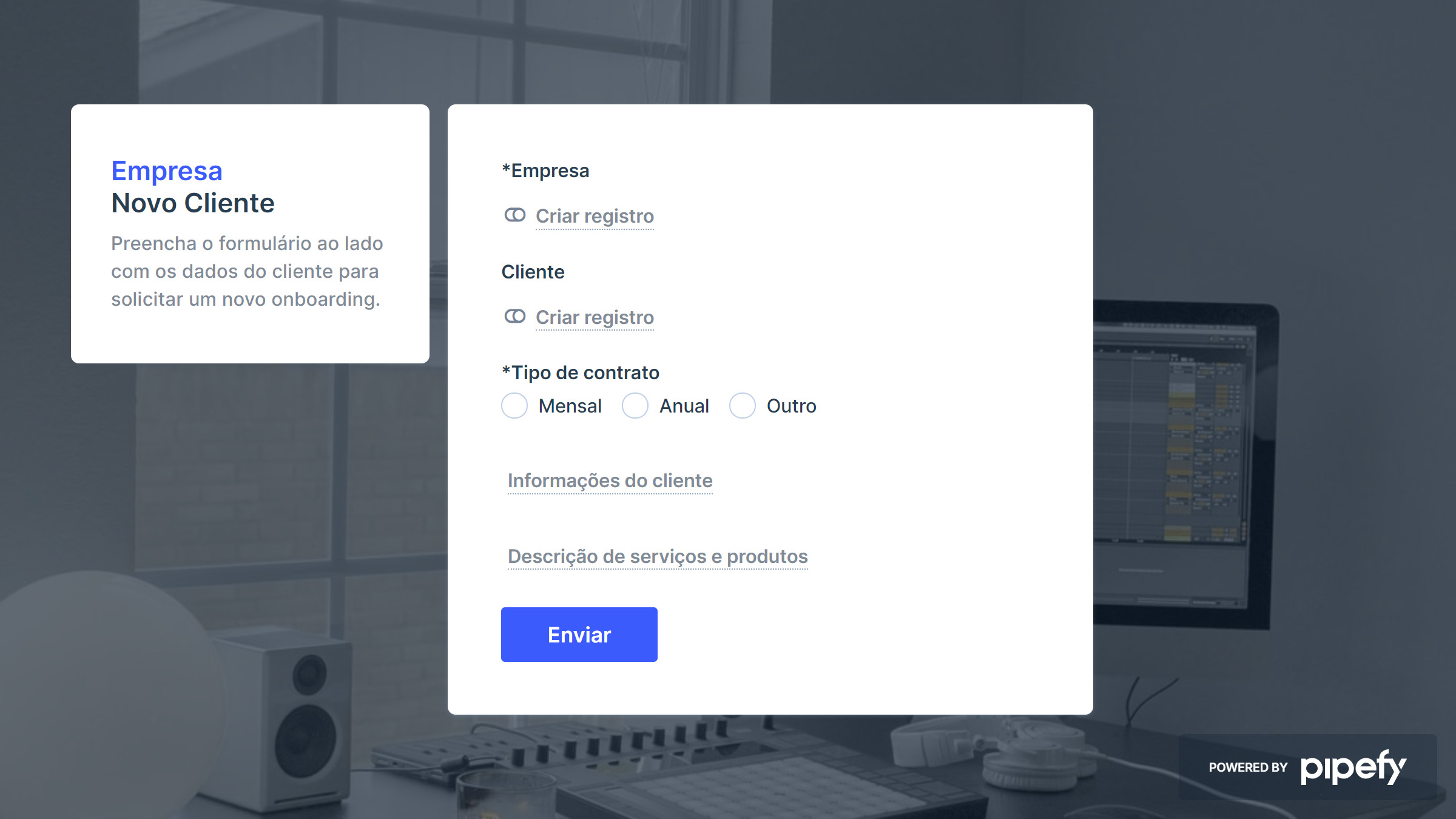 Una impresión de un formulario público de muestra para la incorporación de clientes en Pipefy.