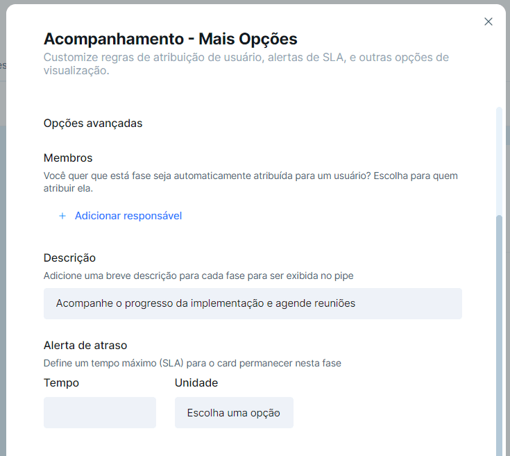 Definiciones de SLA de etapa en la configuración de etapa de Pipefy.