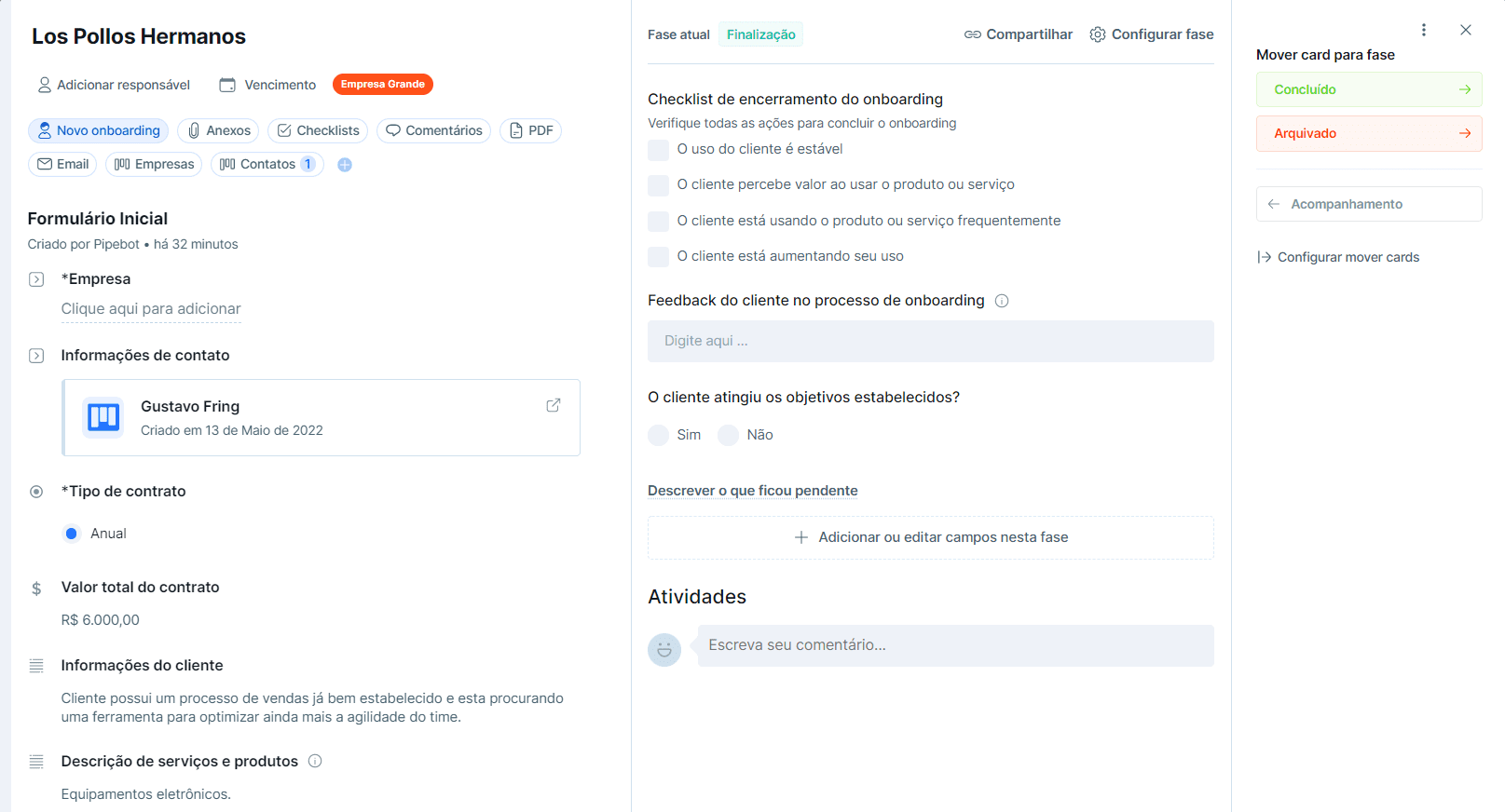 Ejemplos de etapas de finalización de incorporación, incluidas listas de verificación en Pipefy.