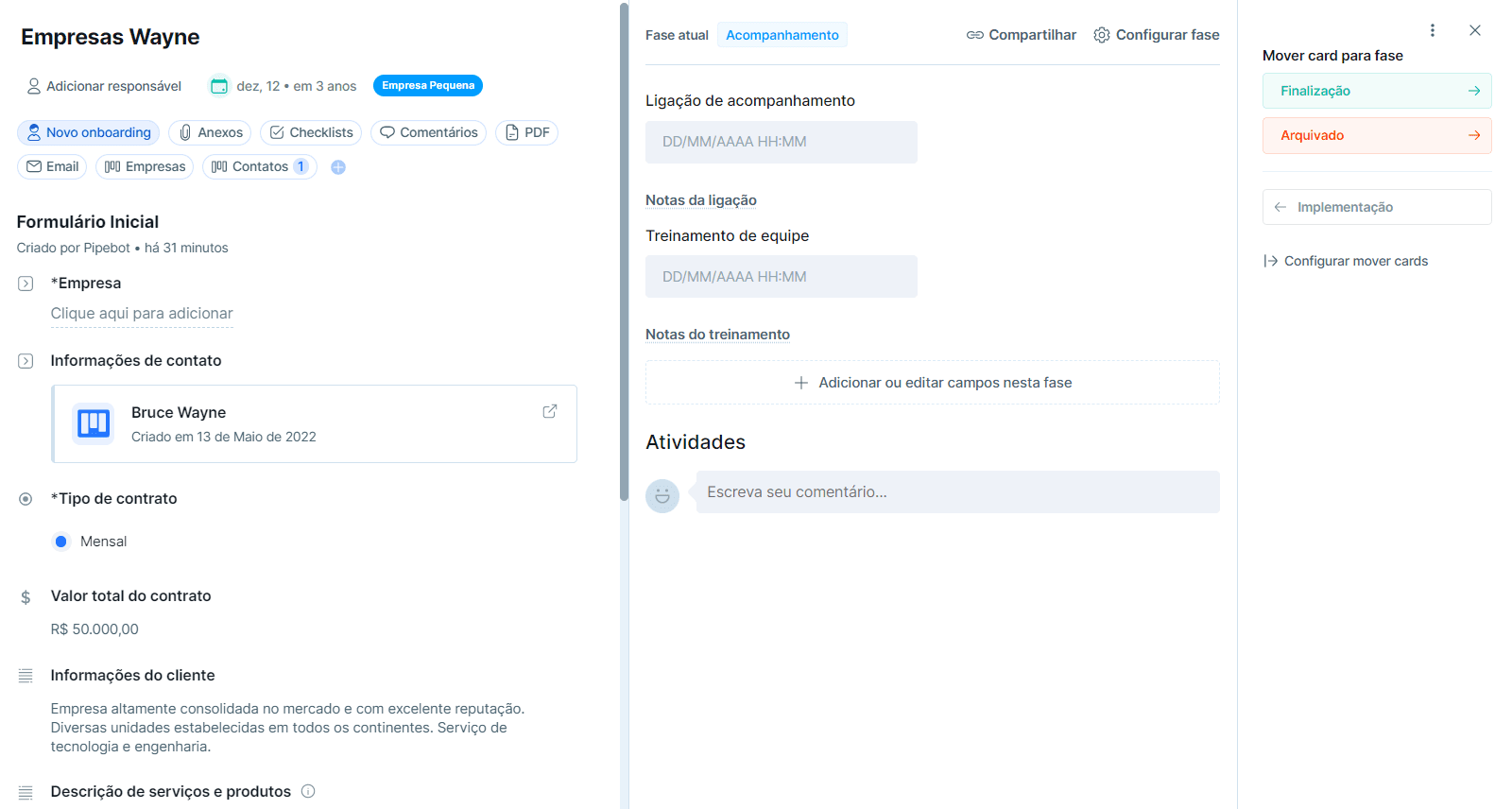 Ejemplo de seguimiento simple en Pipefy.